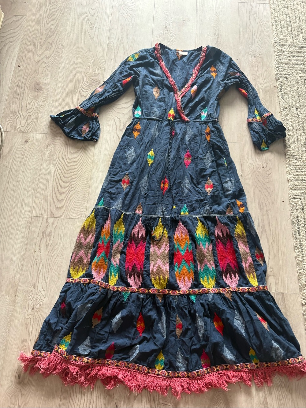 Lula Soul  Embroidered Boho Maxi Dress with Pink Fringe FLAWS